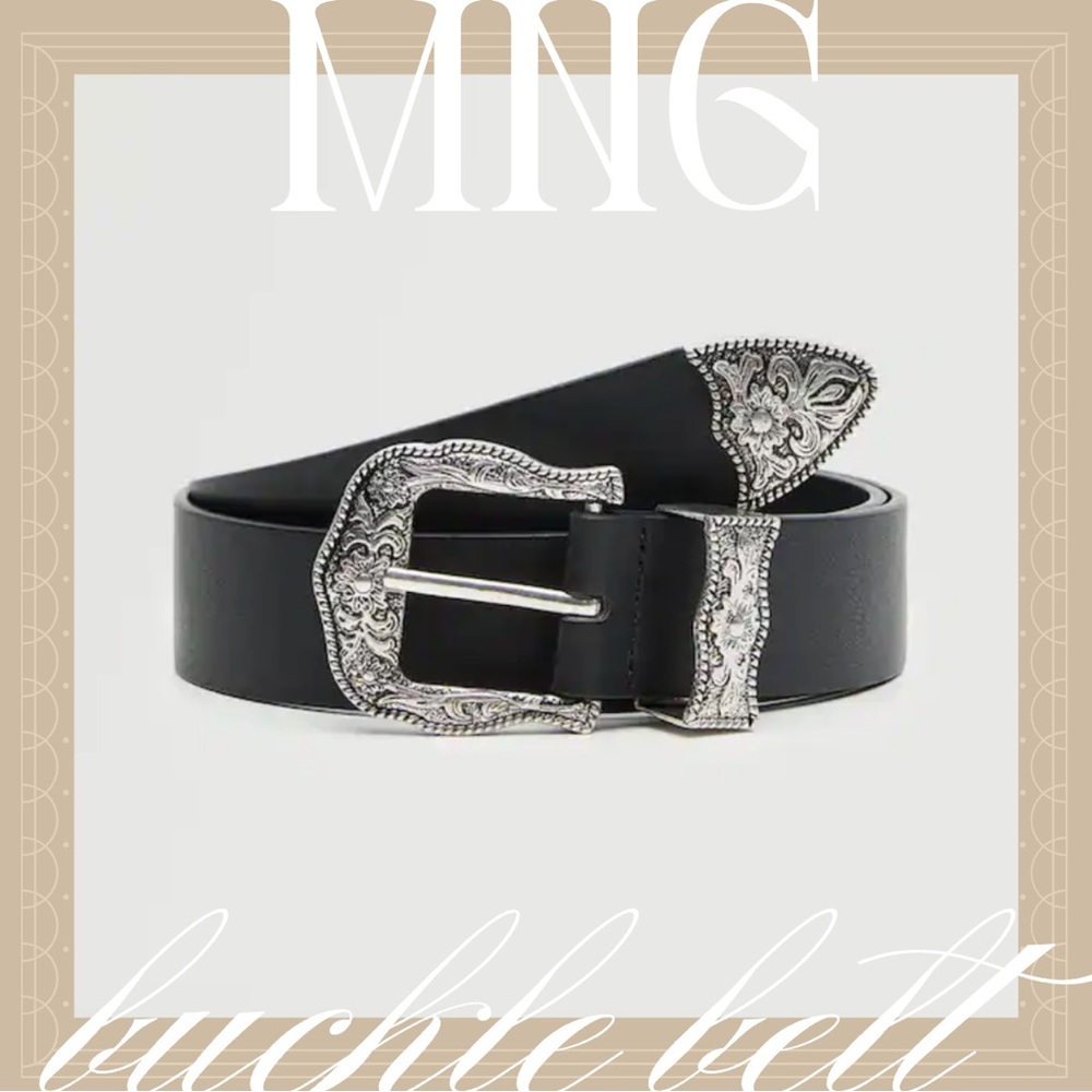 New • MANGO Black Faux Leather Belt with Silver Buckle